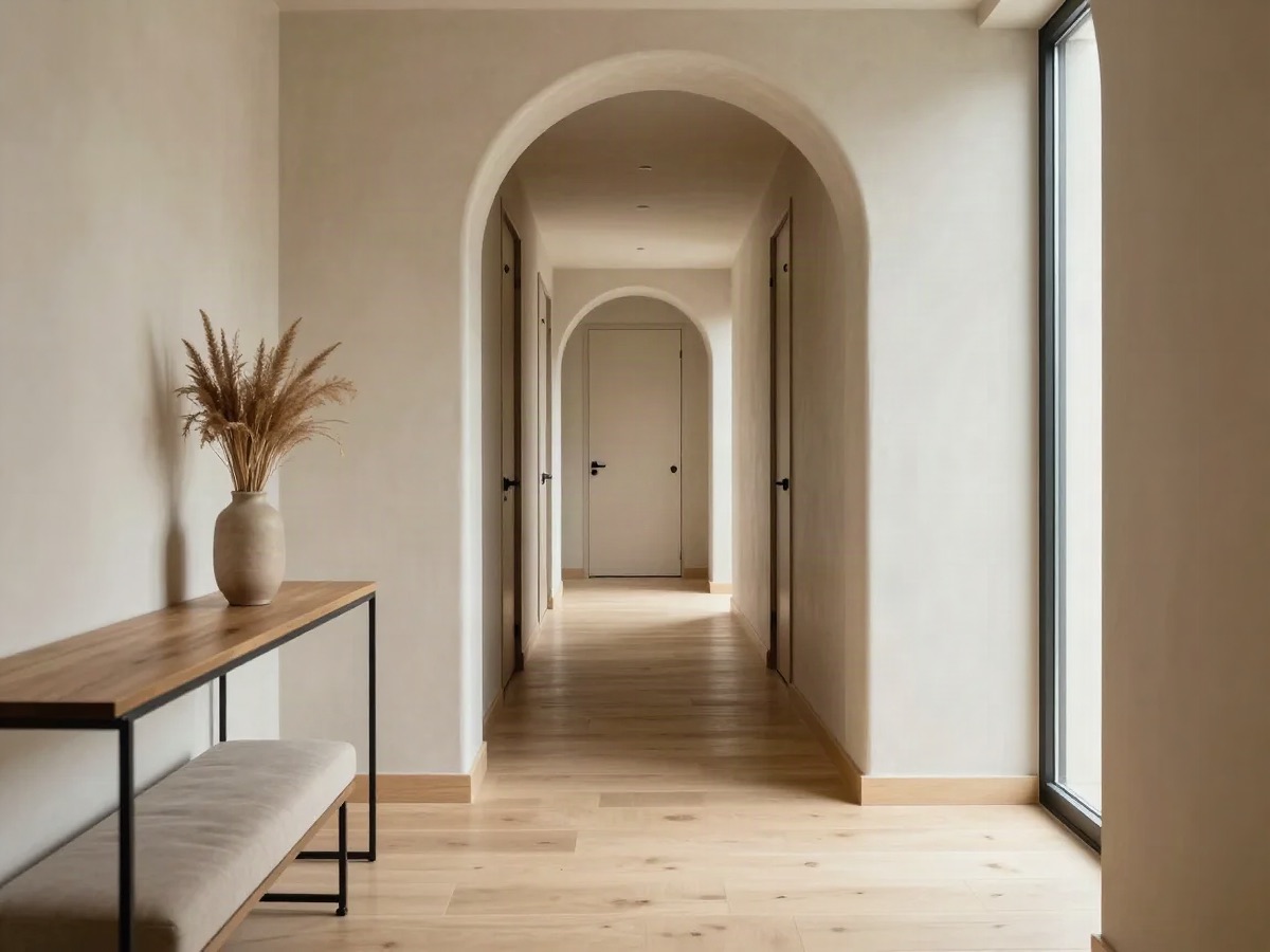 Styled example of an arrival hallway with an arched doorway, warm tan walls and soft daylight