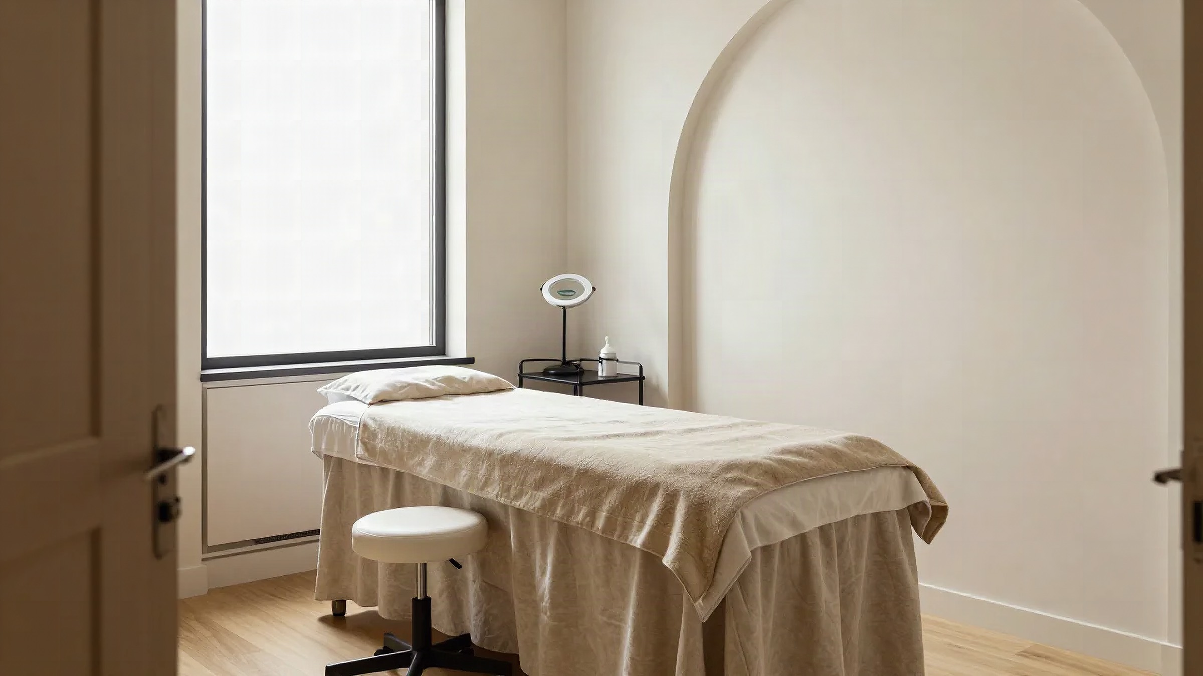 Styled example of a private esthetician room with a made treatment bed, an arched wall and soft daylight