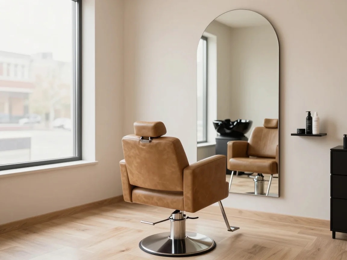 Styled example of a private hair suite with a single chair, an arched mirror and warm tan walls