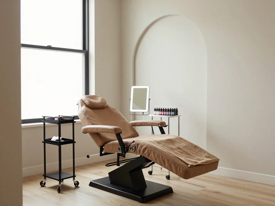 Styled example of a permanent makeup room with a treatment chair and bright, even lighting