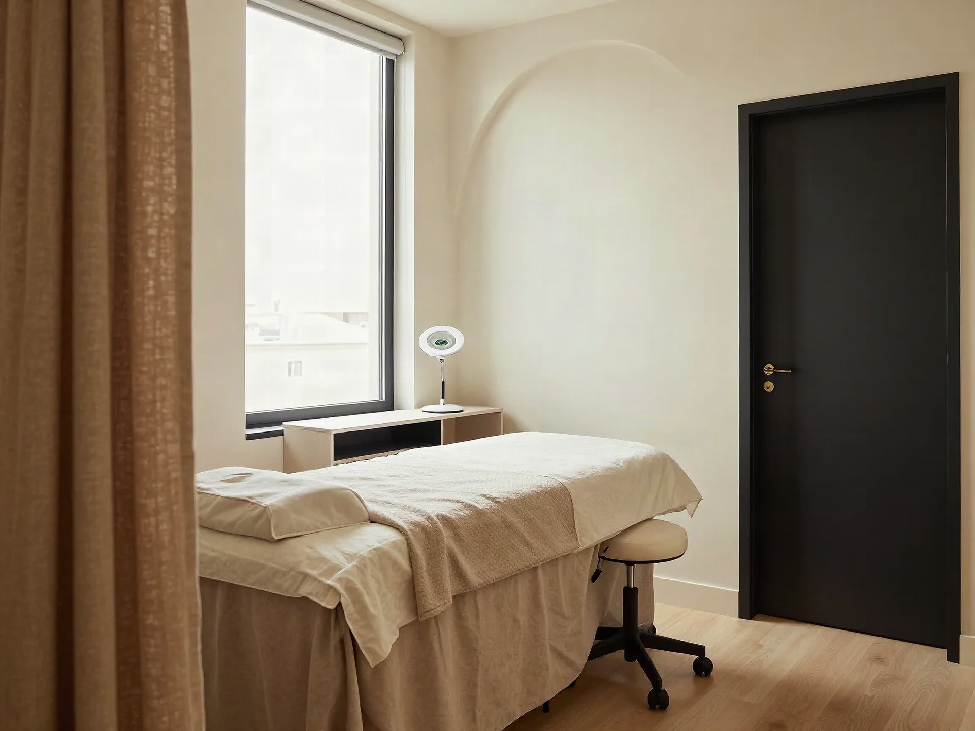 Styled example of a private esthetician room with a made treatment bed, warm tan and off-white tones, door ajar