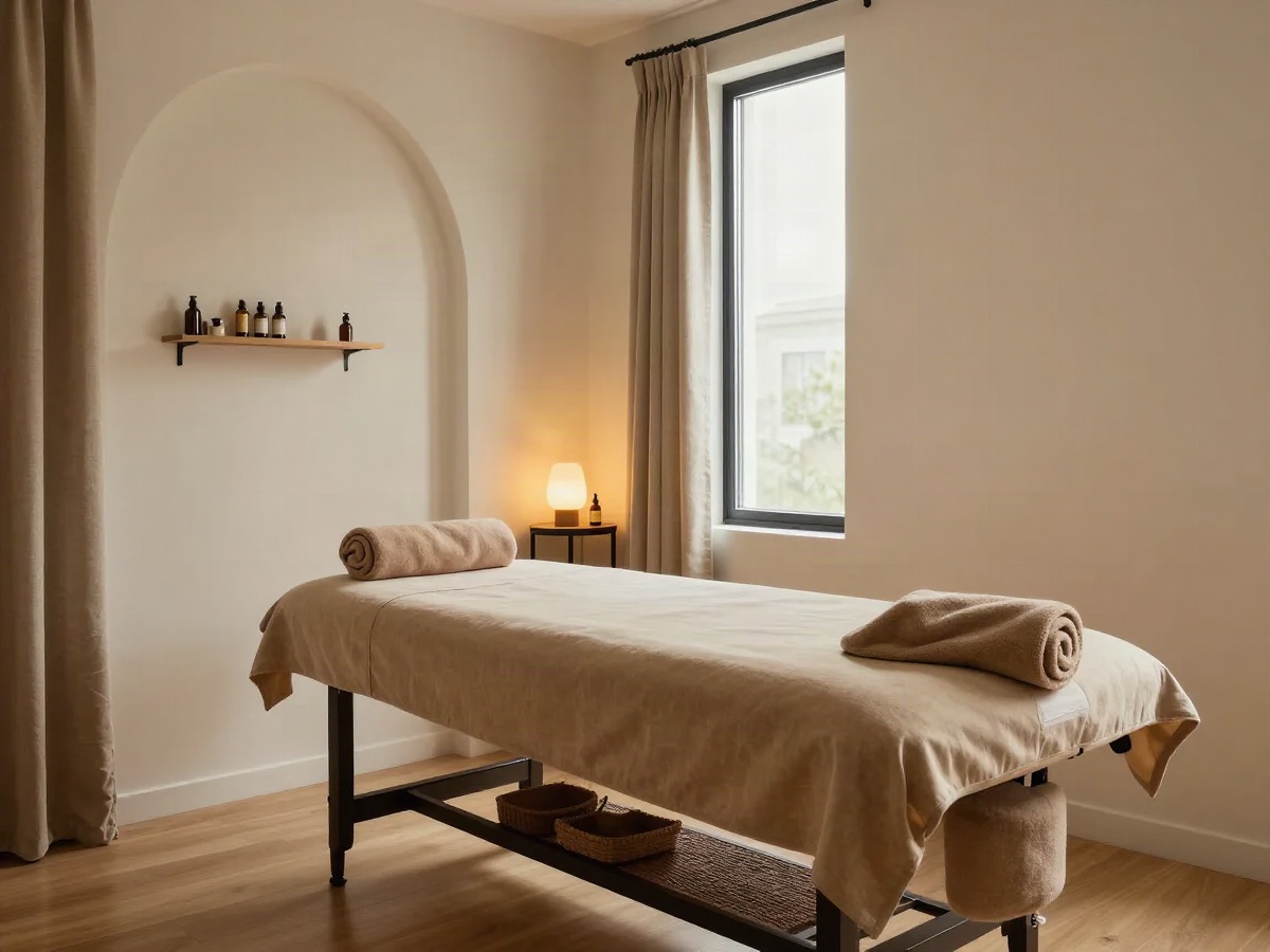 Styled example of a massage room with a neatly made table, warm tan linens and soft daylight