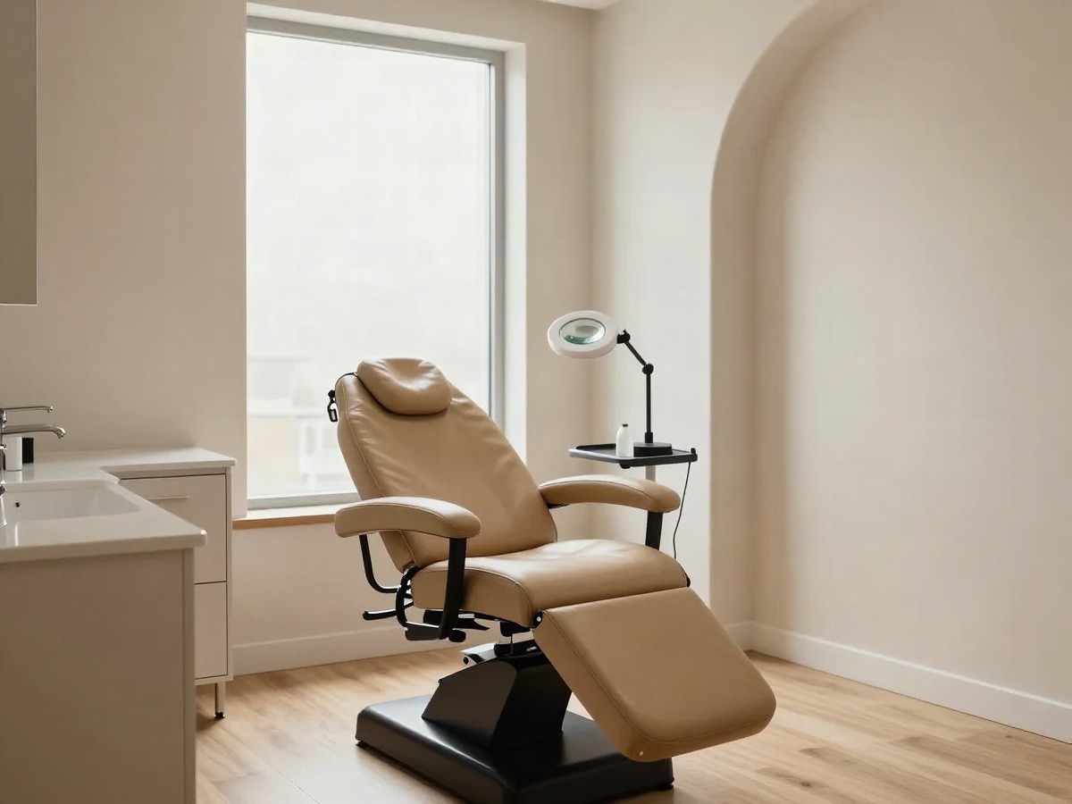 Styled example of a med spa room with a treatment chair, clean counters and warm off-white walls